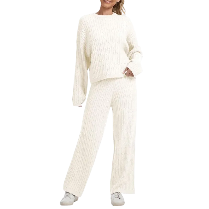 Women's Cable Knit Lounge Set - Long Sleeve Pullover & Wide Leg Pants