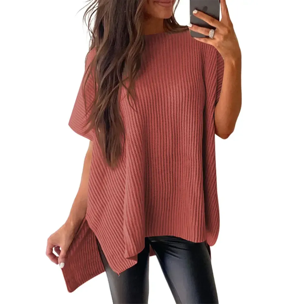 2026 Spring/Summer Oversized Cozy Ribbed Knit Top Women’s Crew Neck Short Sleeve Pullover Elegant Solid