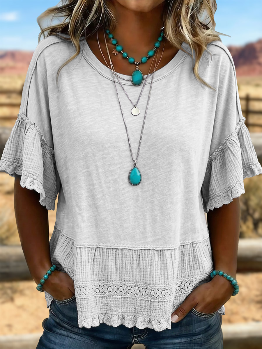 Vintage Art Hollowed Out Lace Patchwork T-Shirt