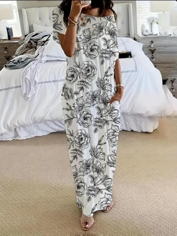 Women's Solid Color Batwing Sleeve Lounge Dress, Casual Comfy Short Sleeve Nightdress for Daily Wear