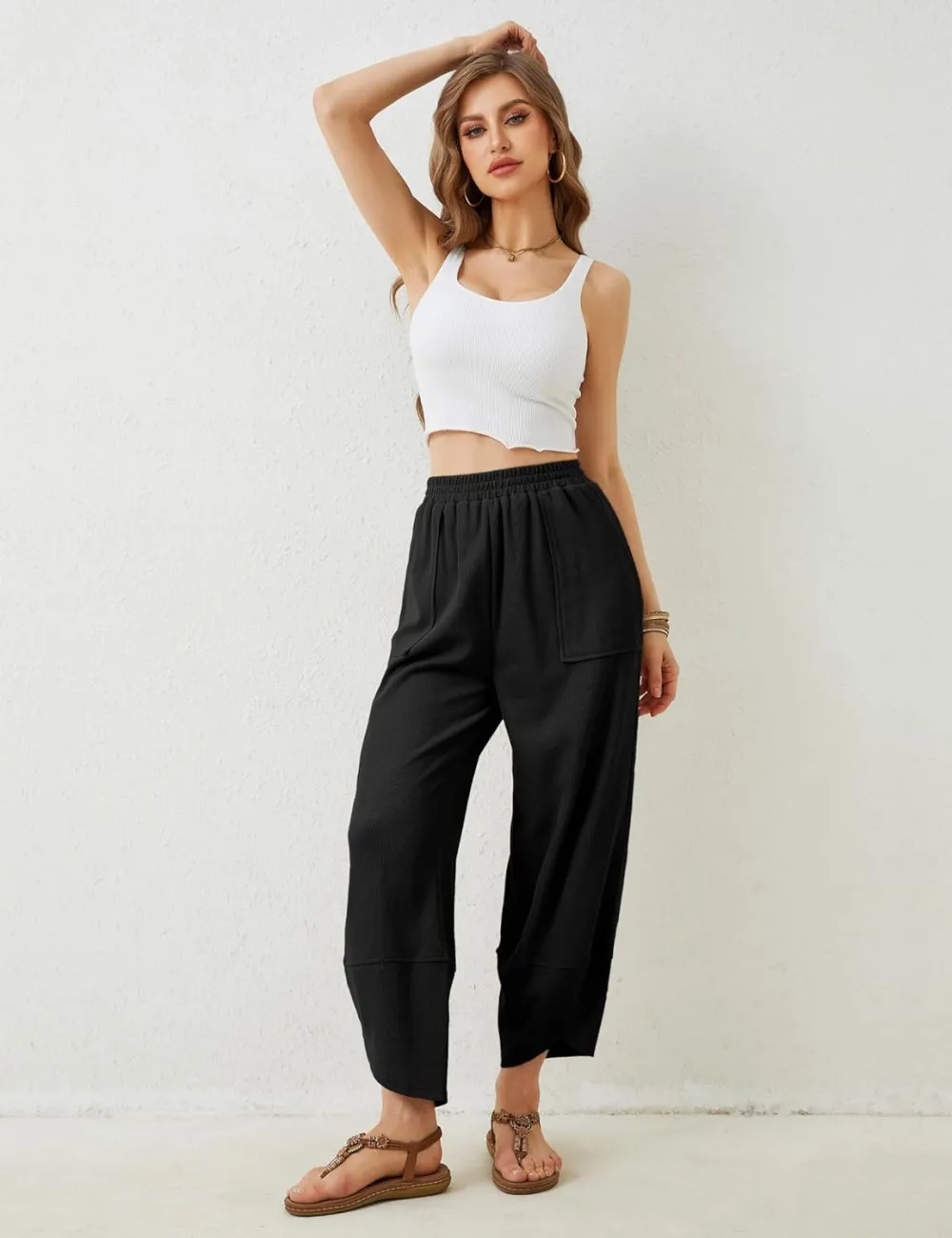 Women's Wide Leg Harem Pants Casual Palazzo Pants with Pockets High Waist Relaxed Fit