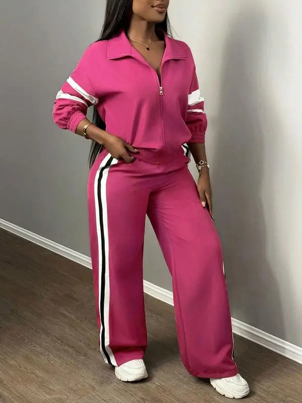 Women'S Zipper Jacket & Striped Wide-Leg Pants Set, Streetwear & Casual, Two-Piece Suit For Daily Wear