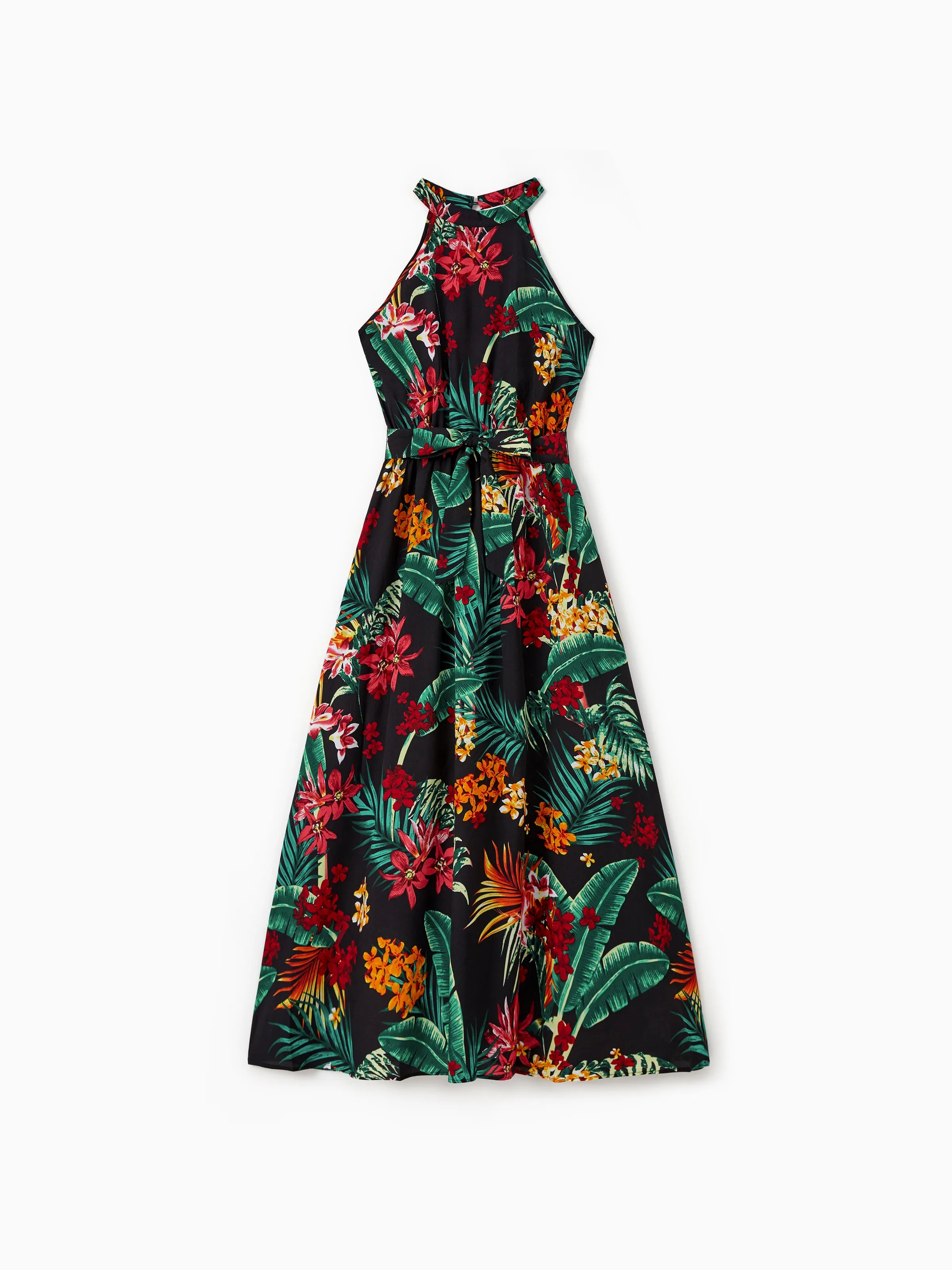 Family Matching Allover Plant Floral Print Halterneck Dresses and Short-sleeve Shirts Sets Black