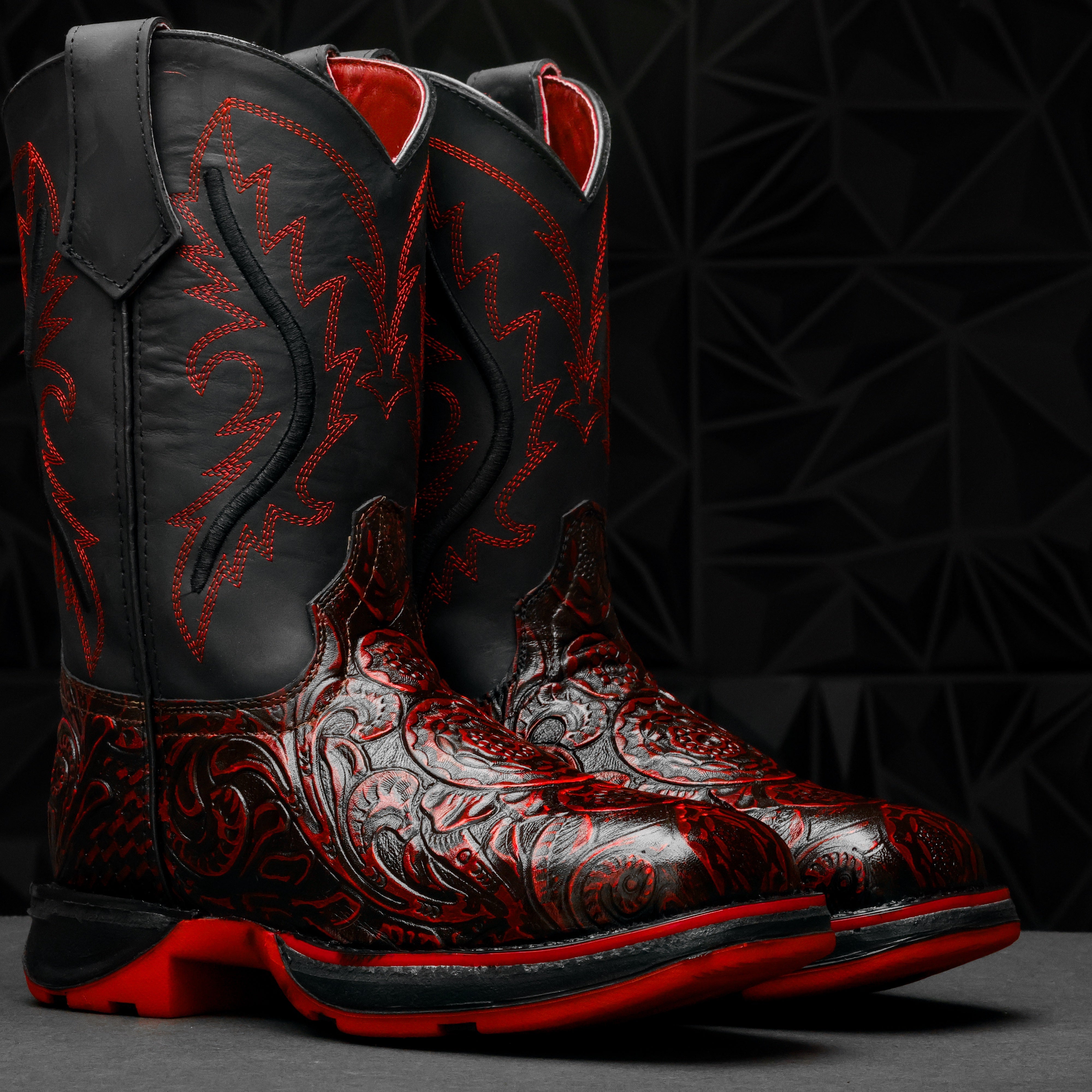 Black Cherry Hand-Tooled Leather Boots With 3D Lightweight Sole - Composite Toe