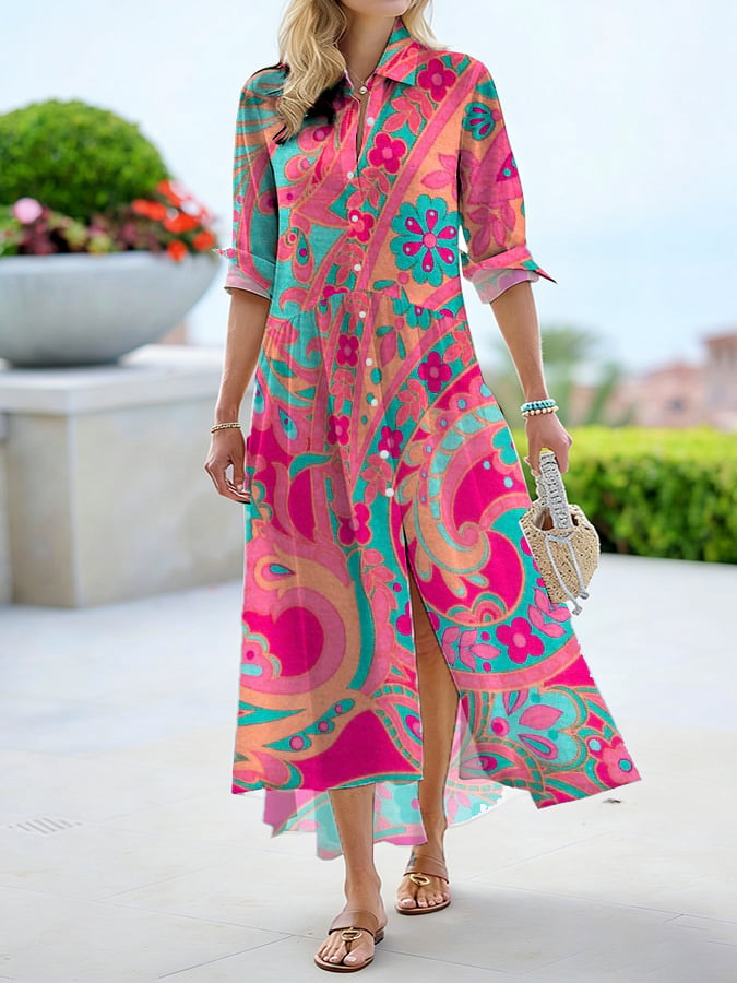 Women's casual cotton and linen floral dress- Fast Shipping
