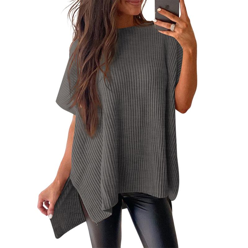 Women’s Oversized Ribbed Knit Top – Crew Neck Short Sleeve Pullover with Side Slit