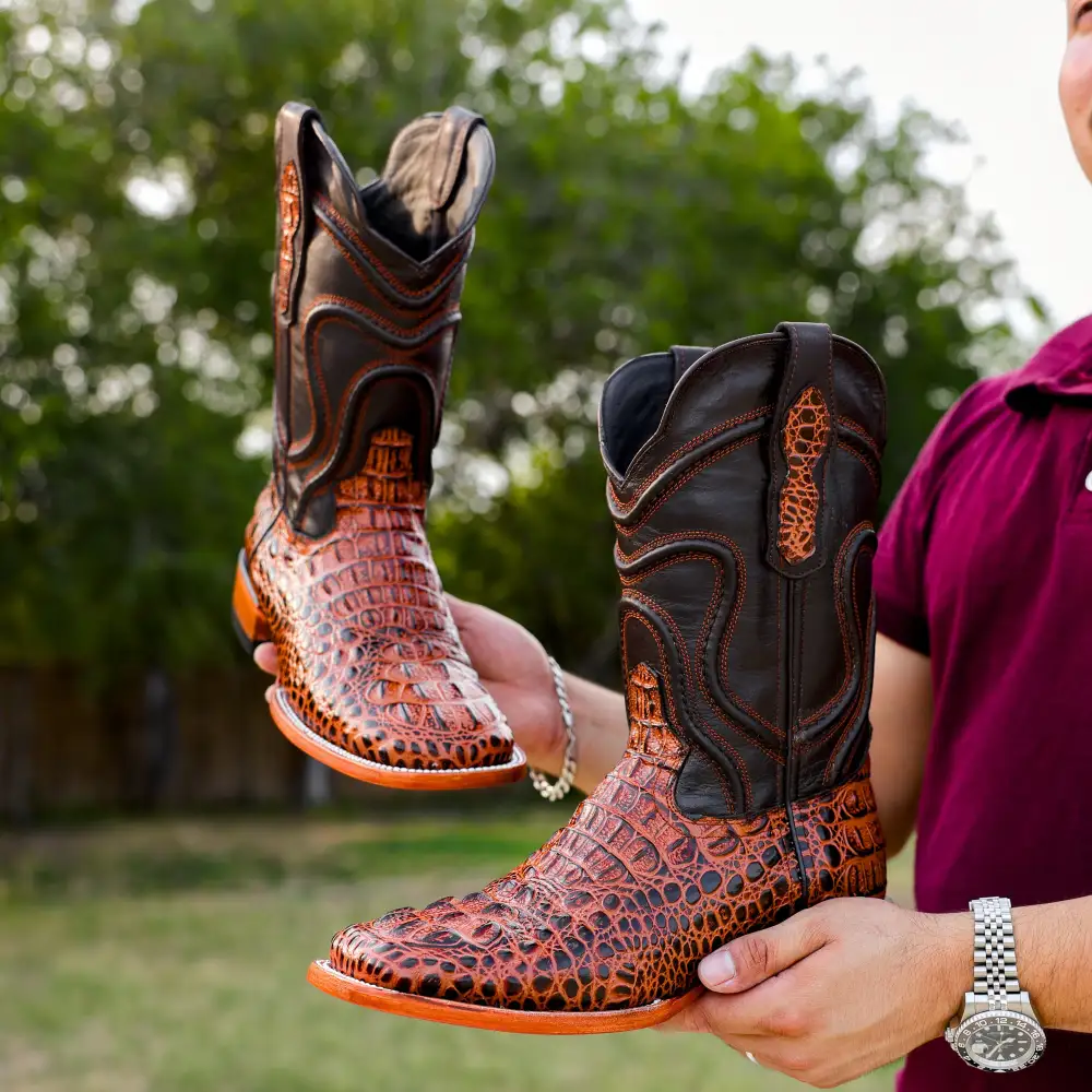 Cognac Caiman Neck Leather Boots - Square Toe