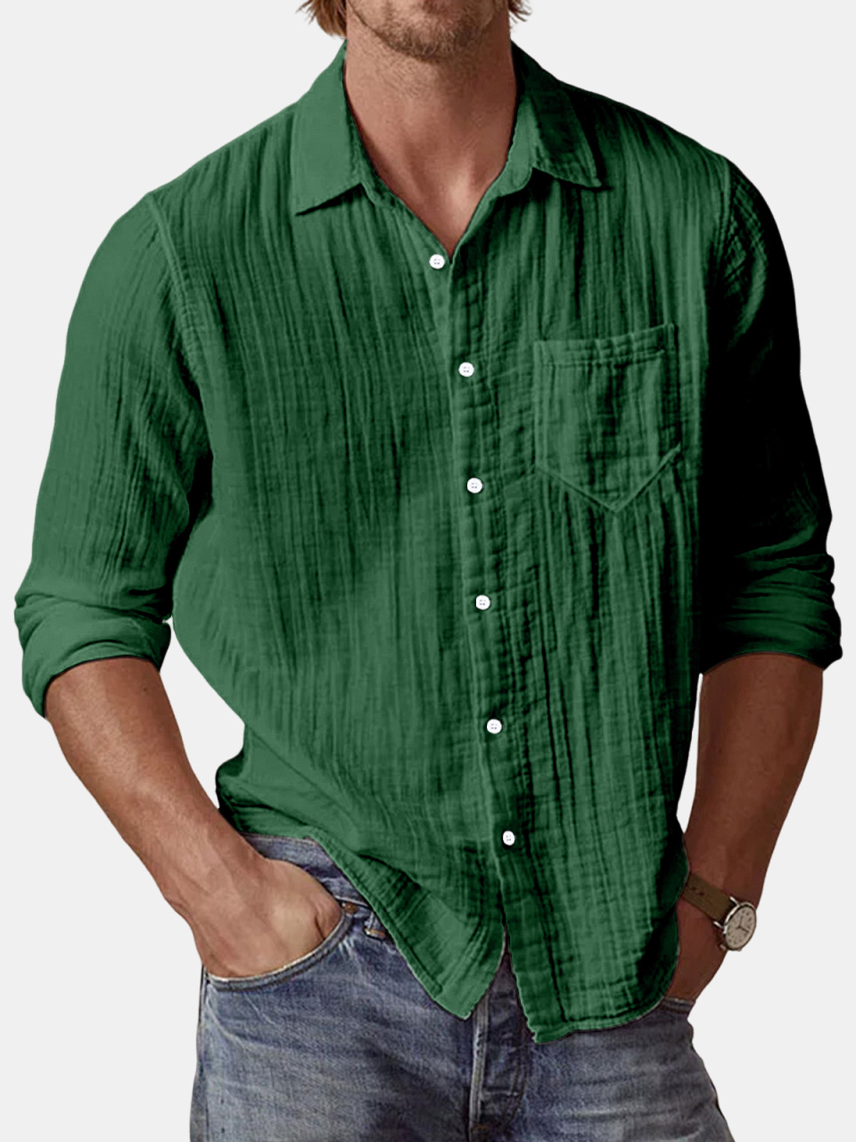 Men's Casual Textured Solid Color Comfortable Puff Wrinkle Long Sleeve Shirt