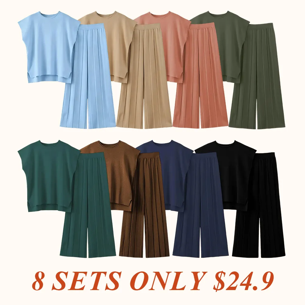 Lounge Sets for Women Two Piece Outfits Knit Cap Sleeve Tops Wide Leg Pleated Pants Casual Dressy Sweater Sets
