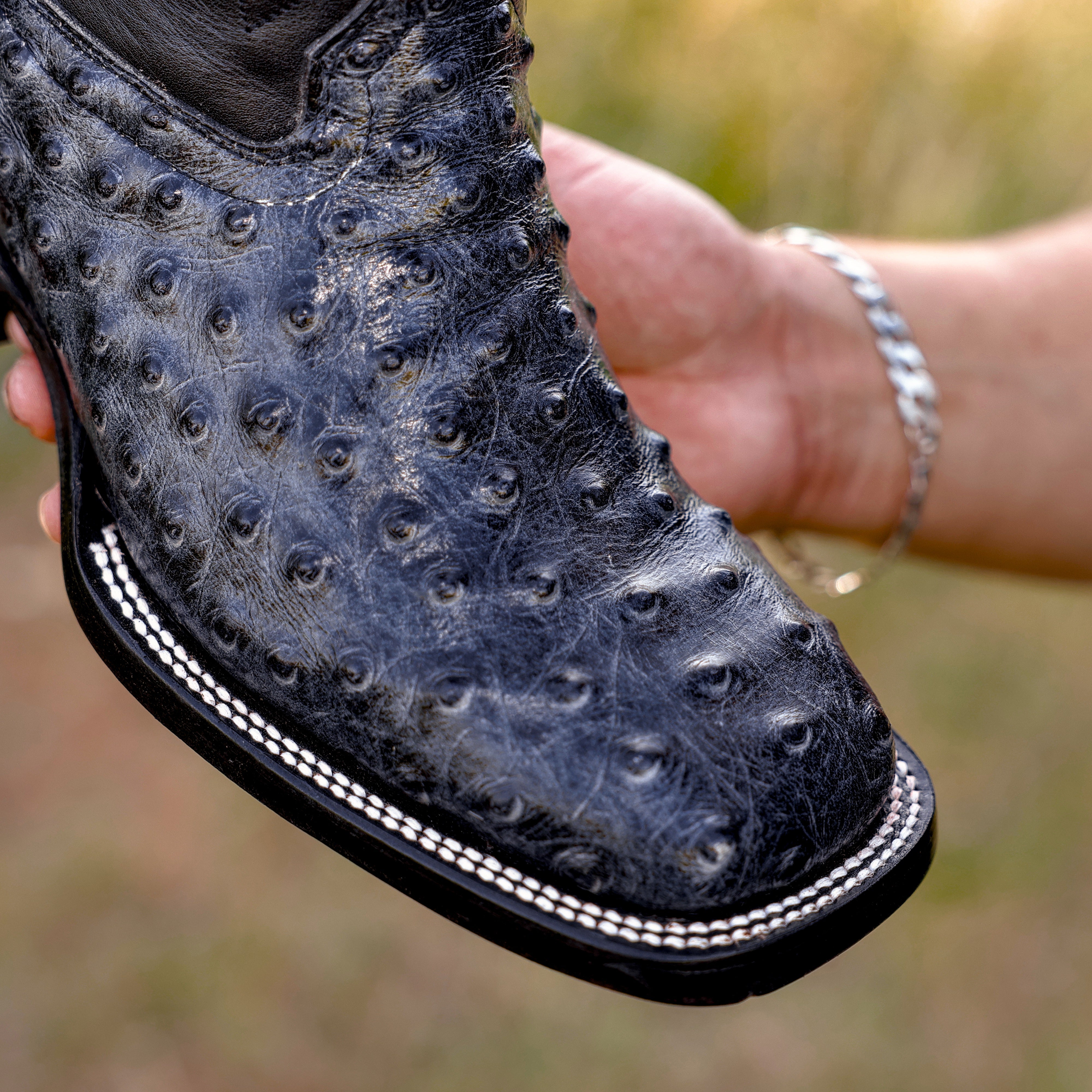 Grey Ostrich Leather Boots - Square Toe