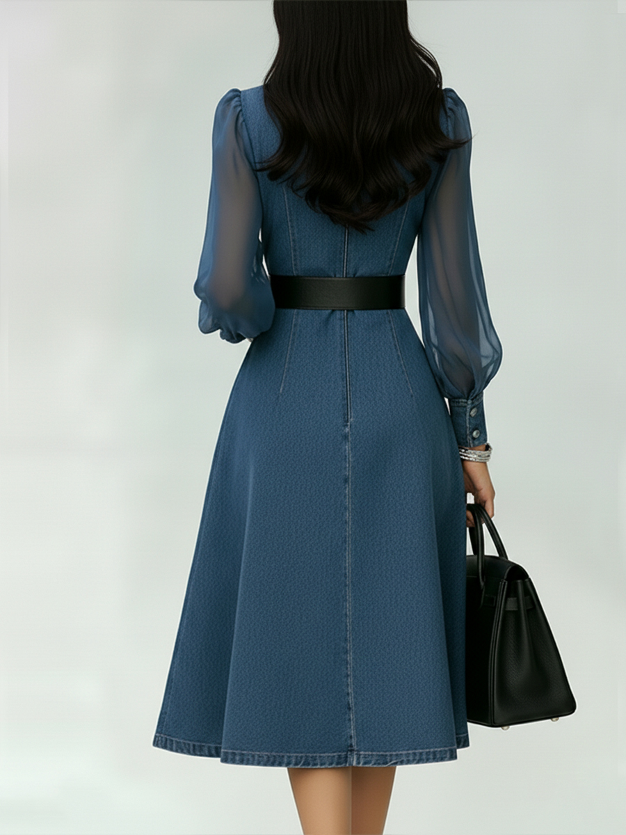 Stylish Denim Dress With Organza Sleeve Panels.