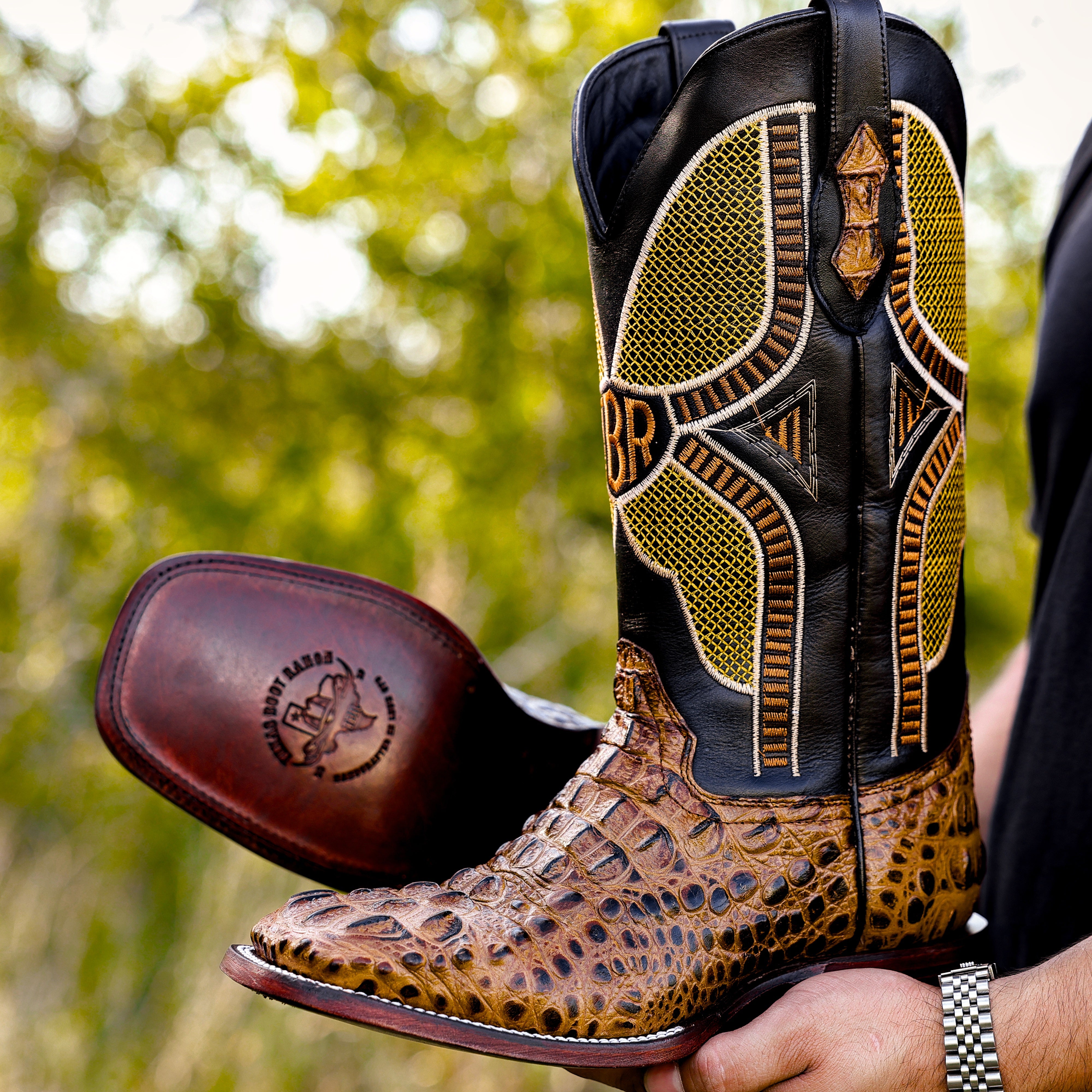Honey Caiman Neck Leather Boots - Square Toe