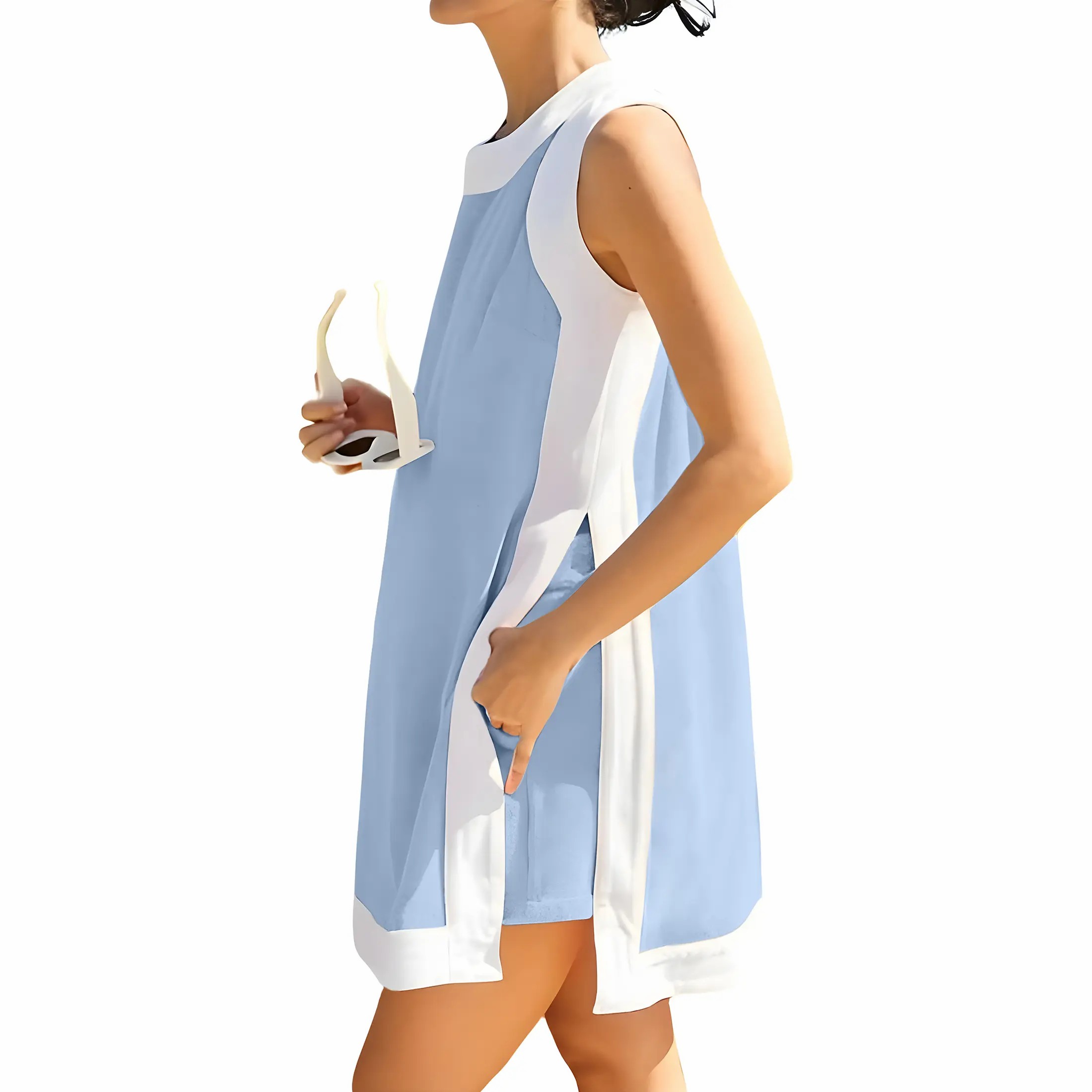 Women's Color Block 2-Piece Set – Crewneck Sleeveless Top & Matching Shorts with Pockets