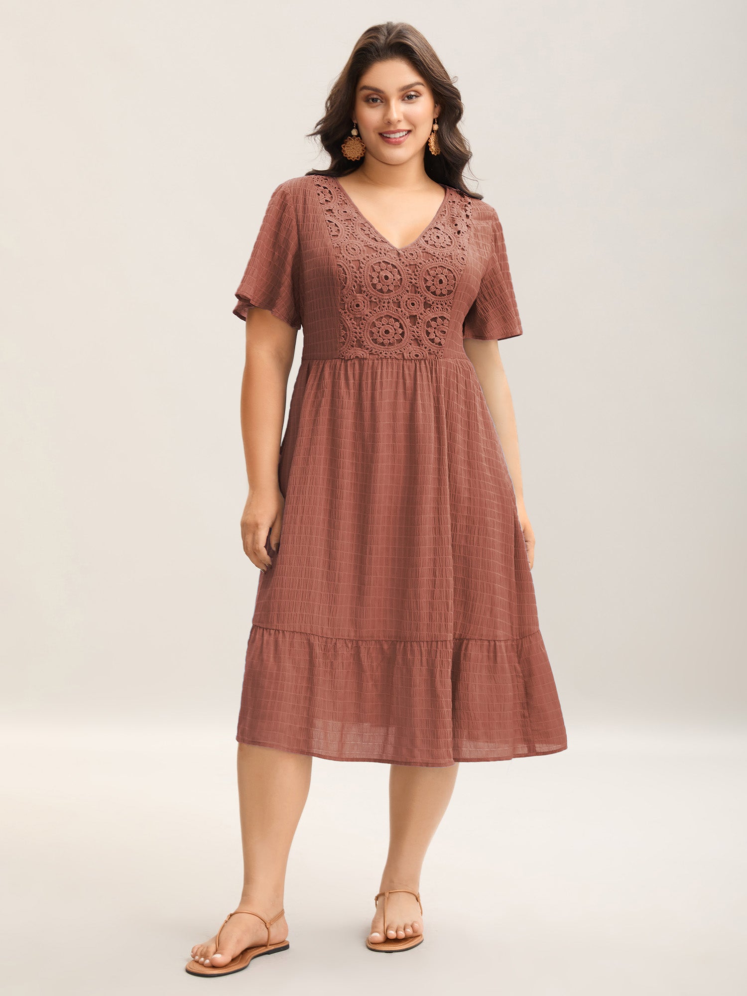 Lace Textured Pockets Tiered Midi Dress