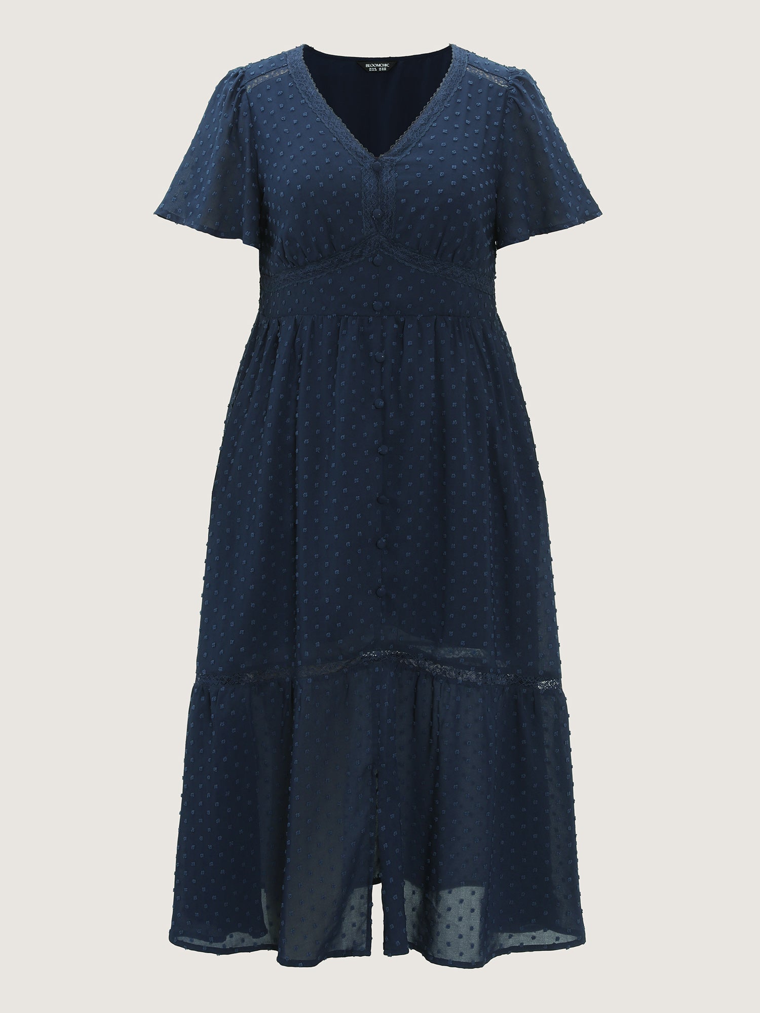 Textured Cinched-Waist V-Neck Midi Dress