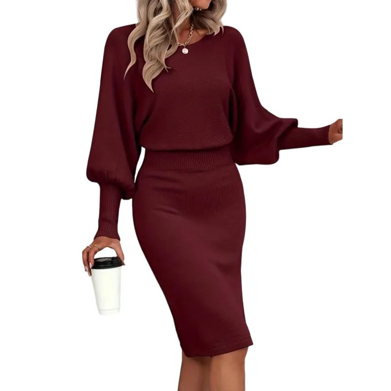 Autumn and winter lantern sleeve waist-cinching sweater dress