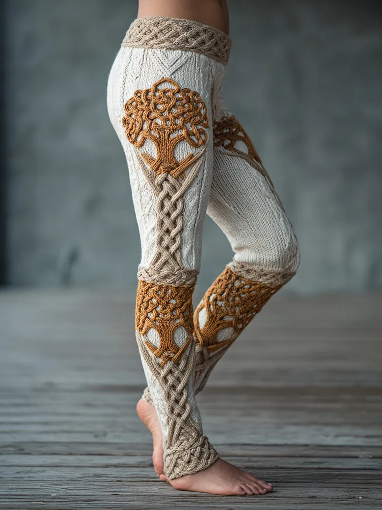 Vintage Viking Tree Of Life Celtic Knot Art Knit Jacquard Cozy Leggings
