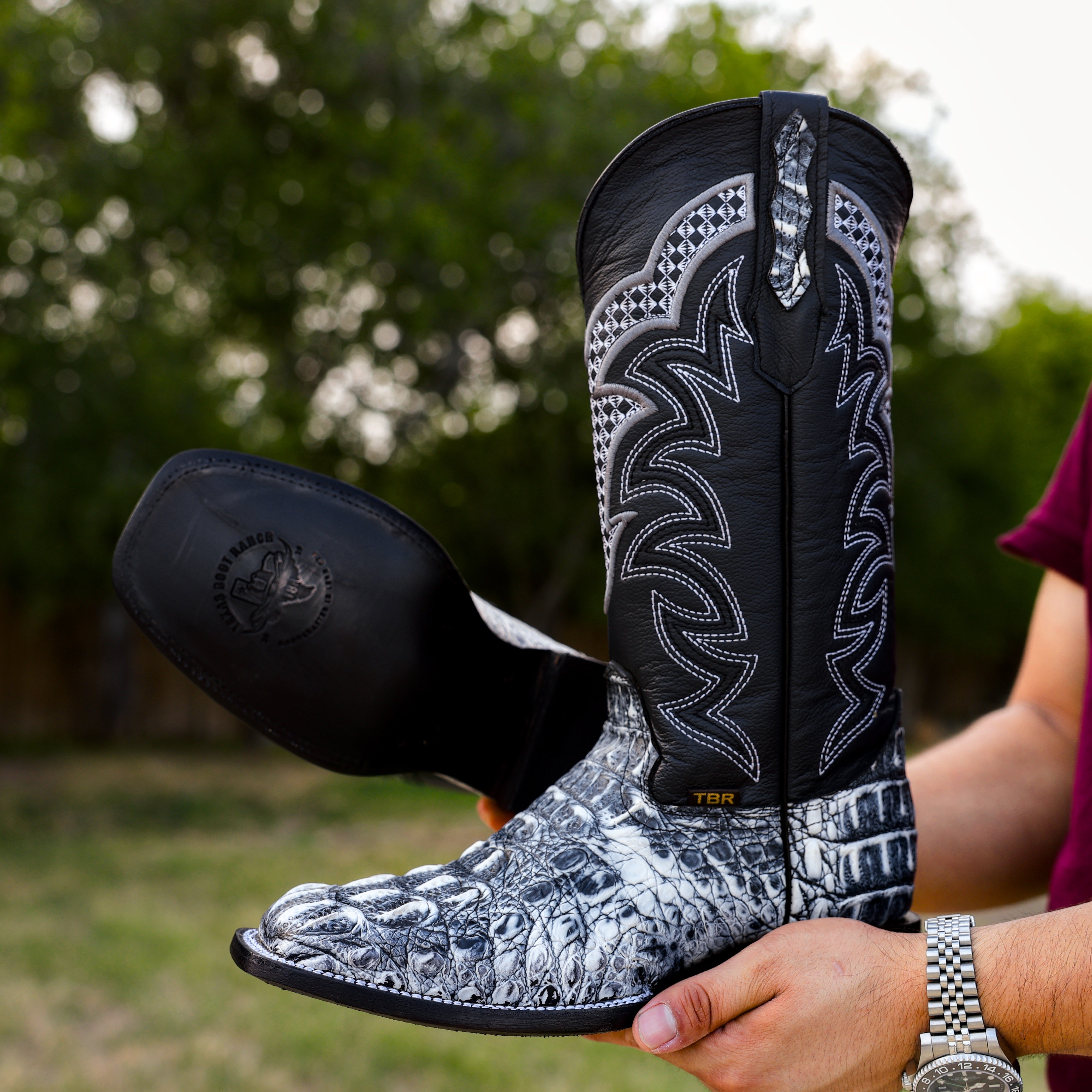 Rustic Eclipse Caiman Neck Leather Boots - Square Toe