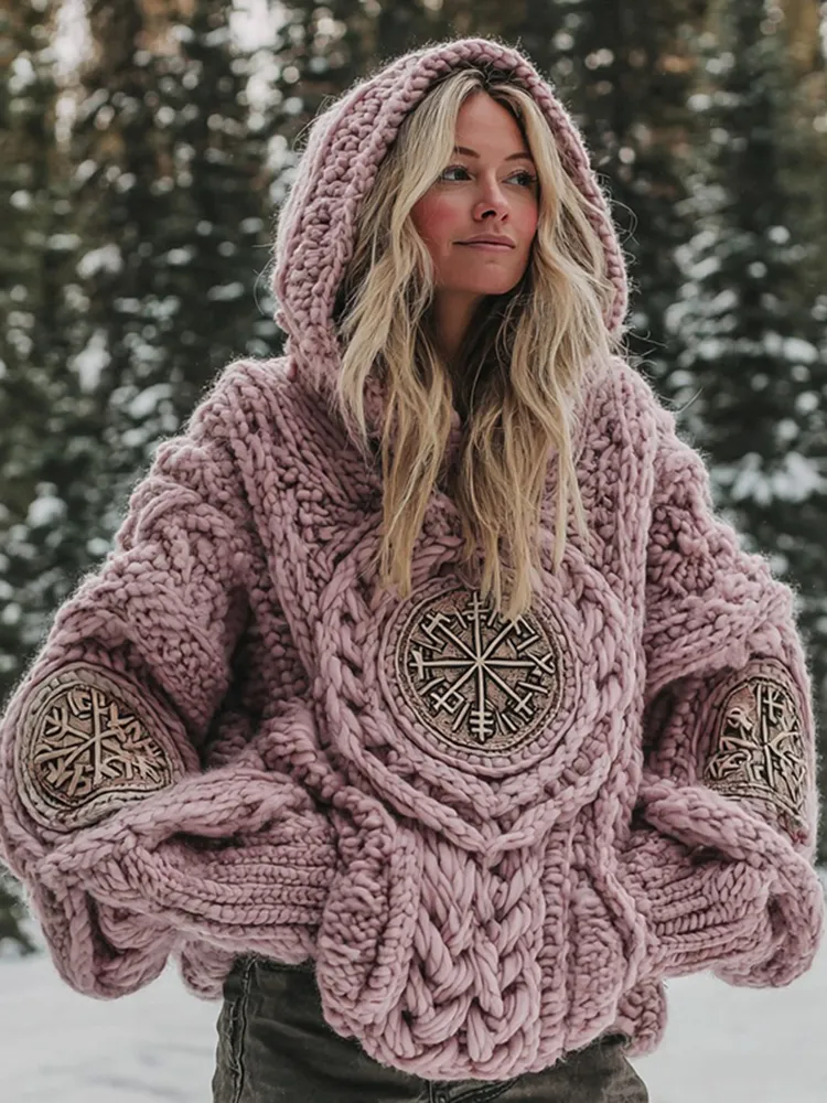 Women's Viking Vegvisir Rune Knit Hooded Sweater
