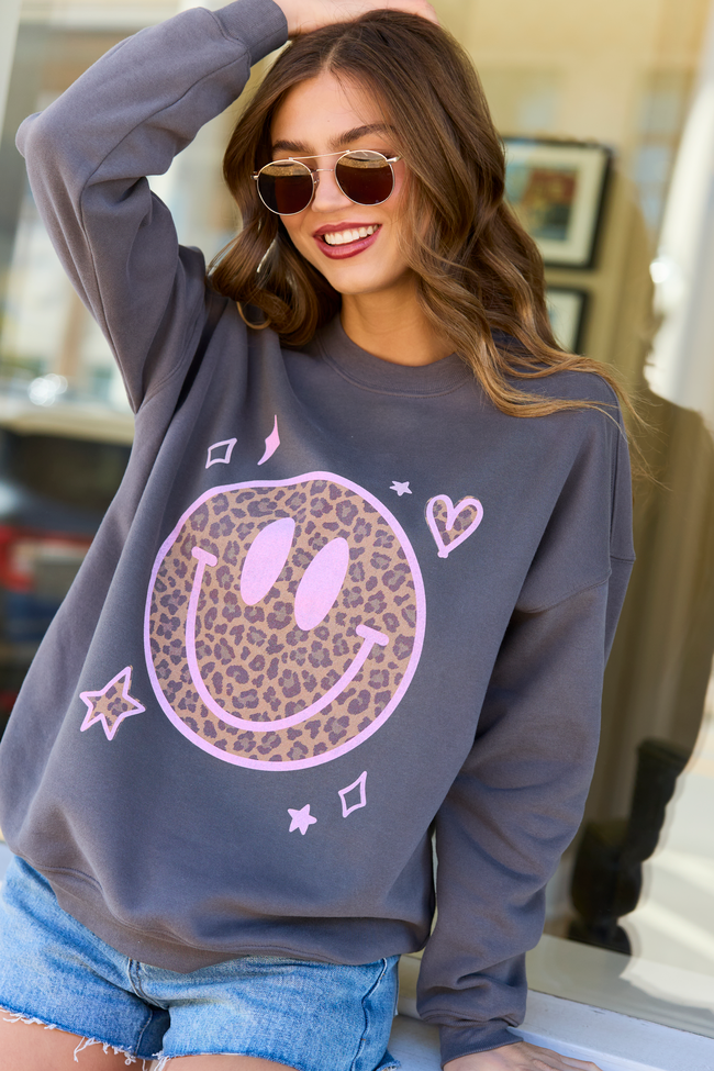 Leopard Smiley Face Dark Grey Graphic Sweatshirt