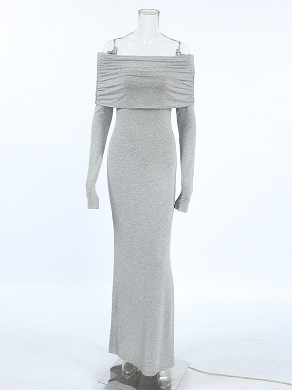 Pleated Solid Color Split-Joint Long Sleeves Skinny Off-the-shoulder Maxi Dresses Evening Dresses