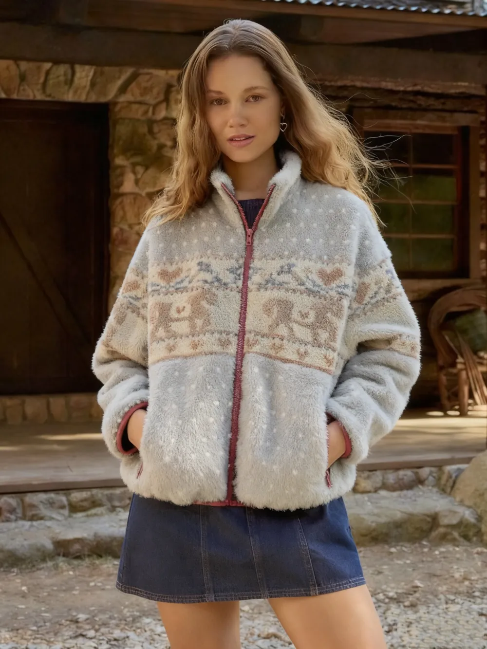 Merry Chrismas Fleece Collar Graphic Jacket