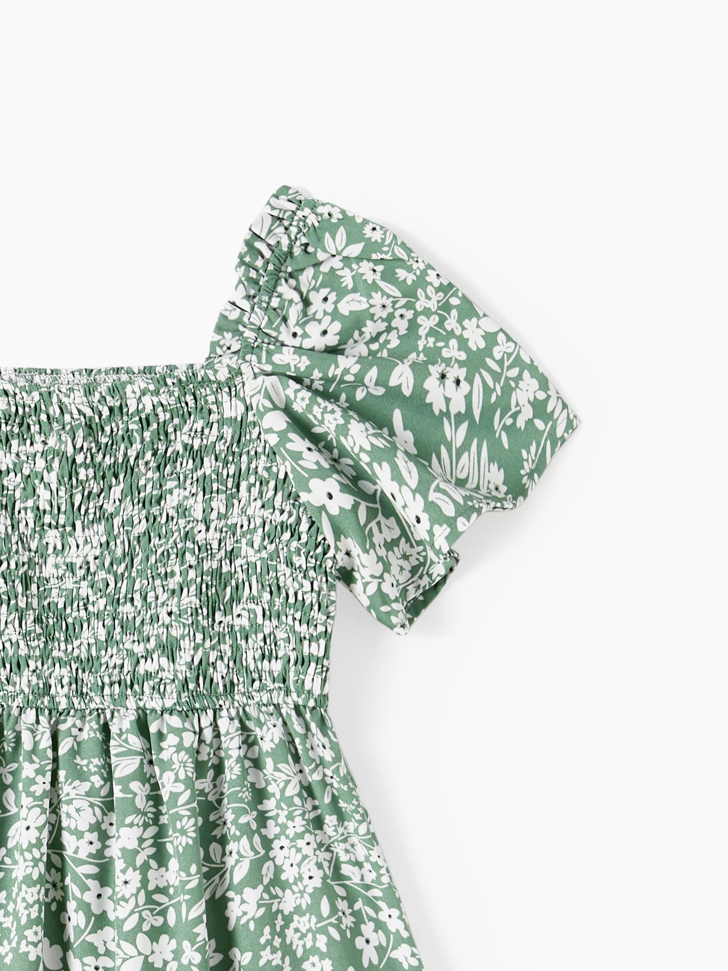 Elegant Broken Flower Matching Outfits for Family, Smocking Design, Medium Thickness Green