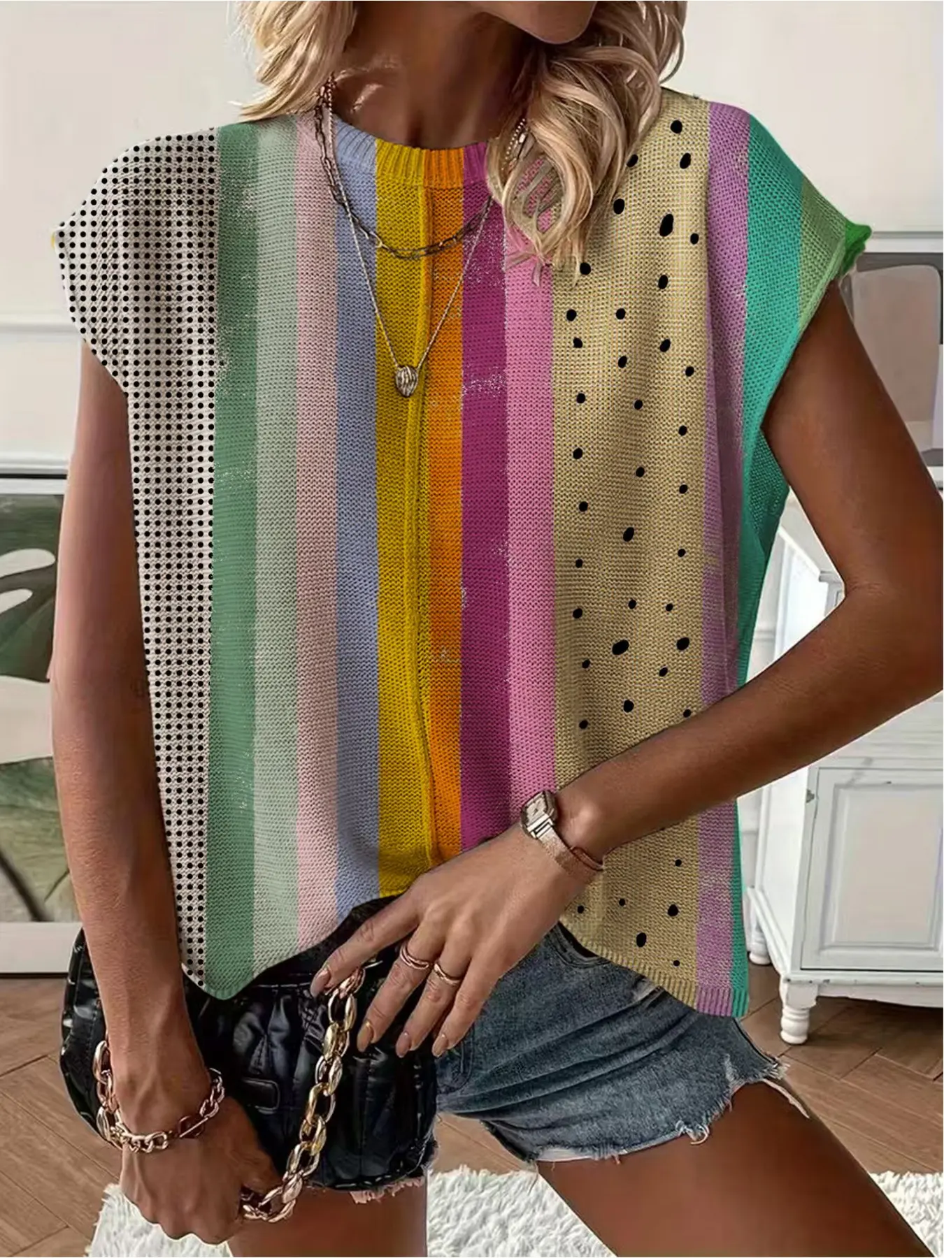 Spring/Summer crew neck drop-shoulder loose fit contrast stripe splicing print short-sleeve women's knit top