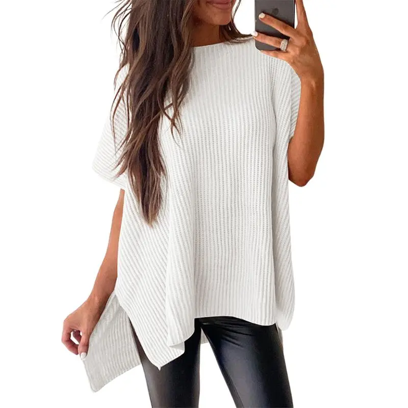 Women’s Crew Neck Short Sleeve Pullover Elegant Solid Color Knitwear