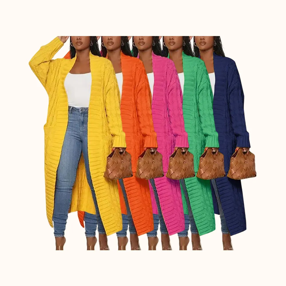 Women's Solid Color Textured Drop Shoulder Pocket Longline Cardigan