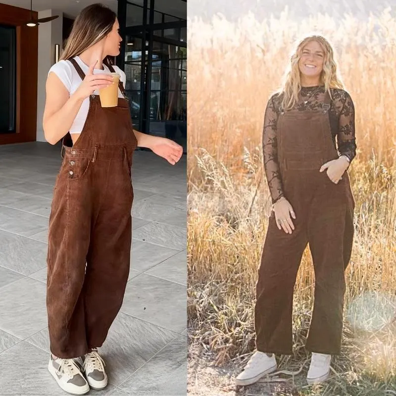 Women Barrel Wide Leg Bib Corduroy Pants
