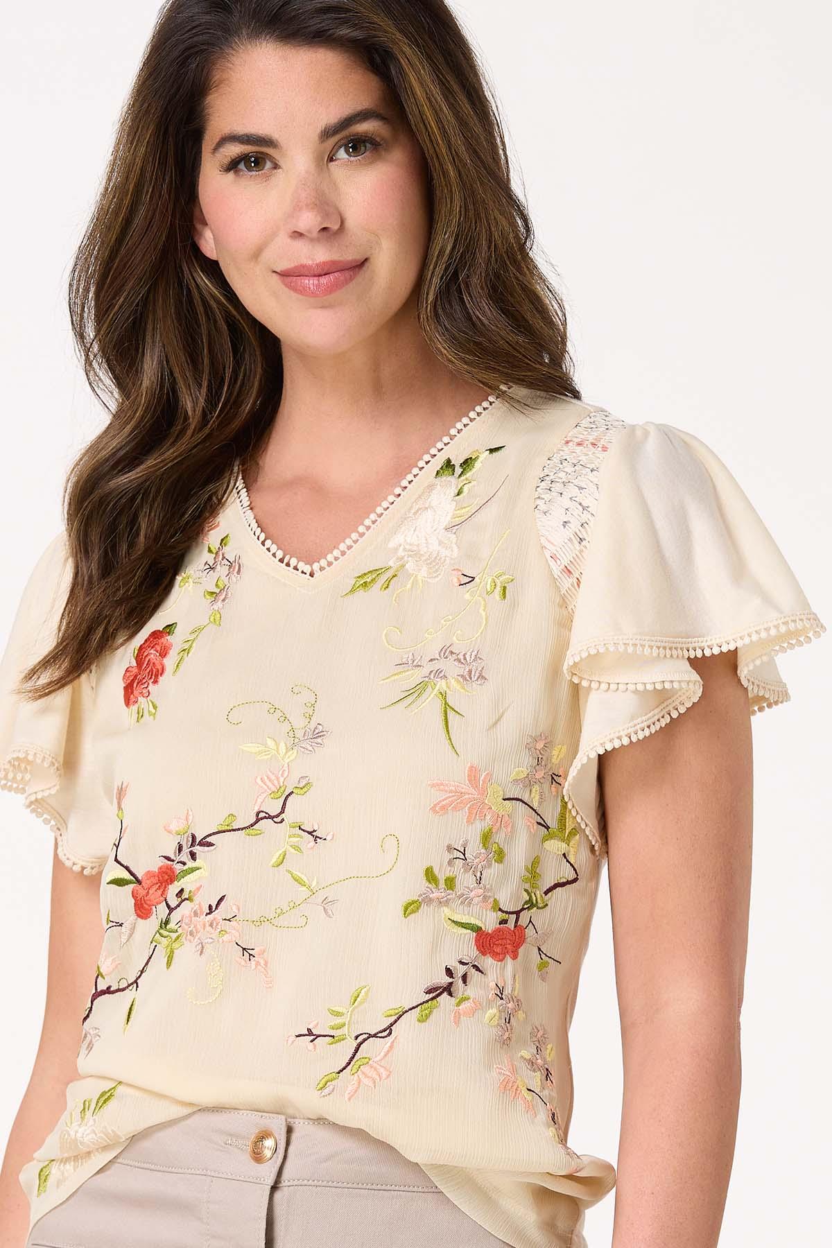 Floral Embroidered Mesh Front Top