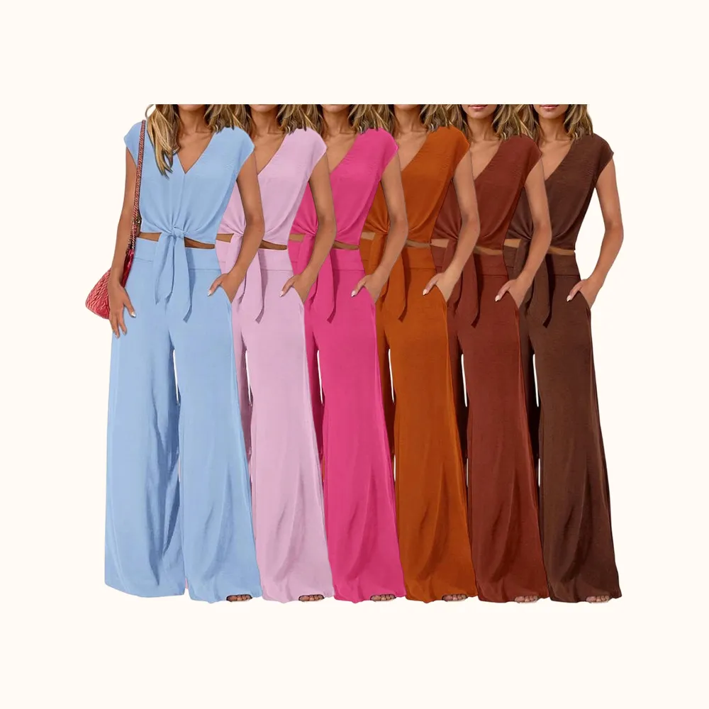 Women's Summer 2 Piece Outfits Cap Sleeve V Neck Belted Crop Tops Wide Leg Pant Sets