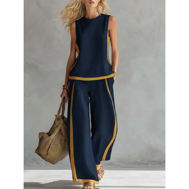 Women's Color Block 2-Piece Set – Sleeveless Top & Wide Leg Pants Summer Outfit