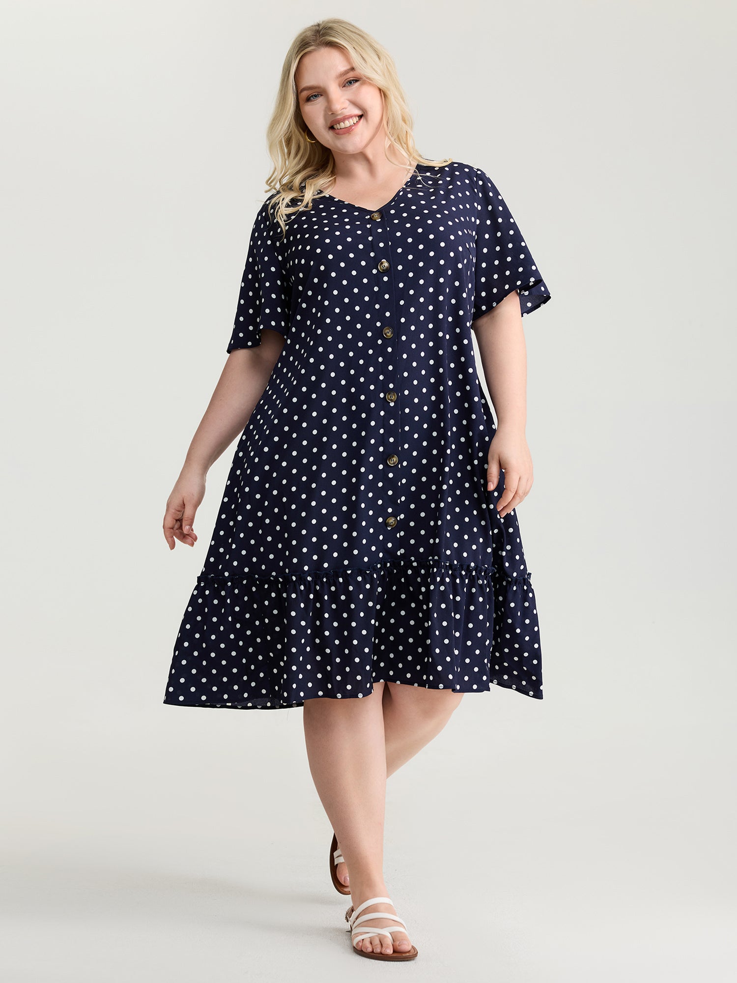 Polka Dots Charm Button Detail Mini Dress