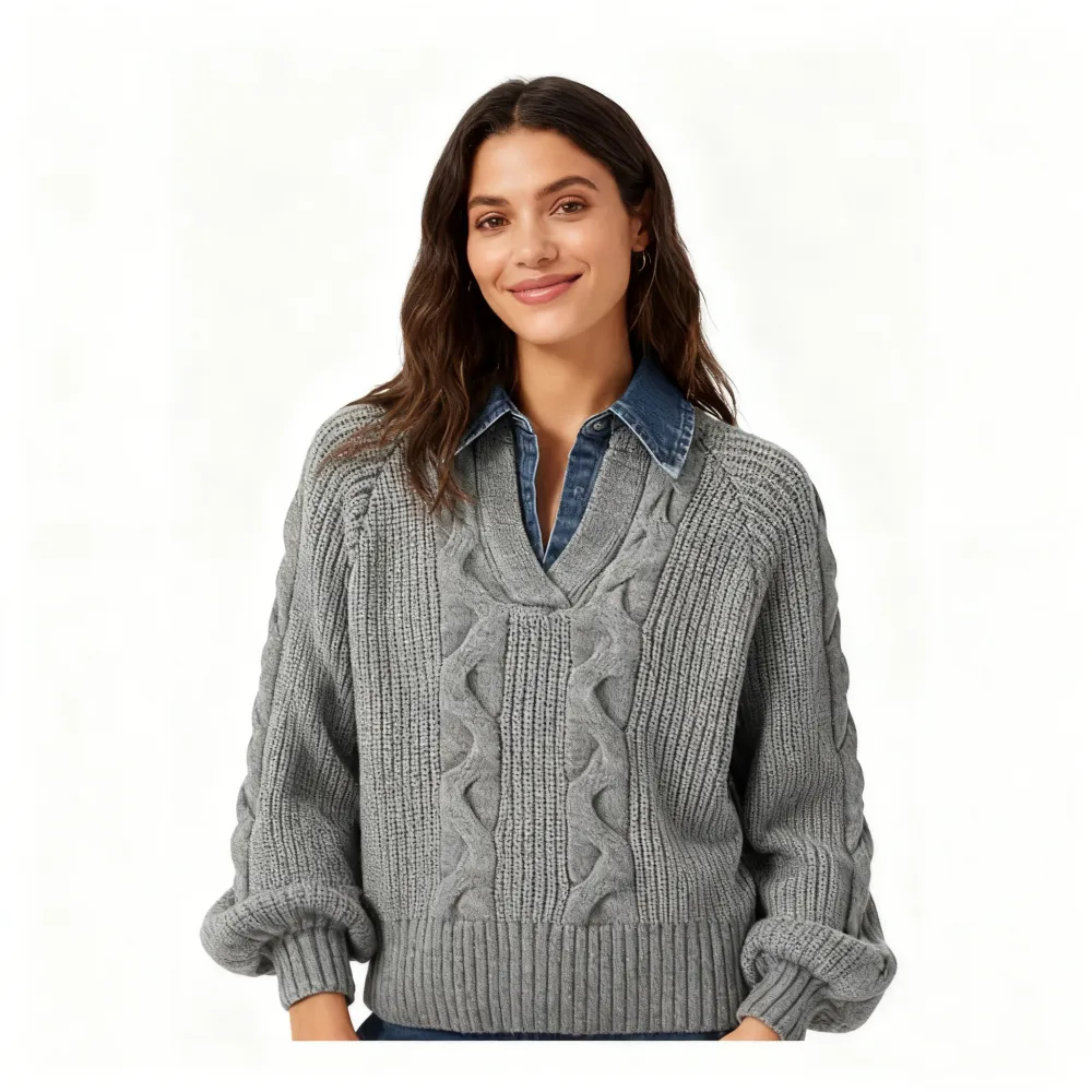 Denim Panel Ribbed Lapel Sweater