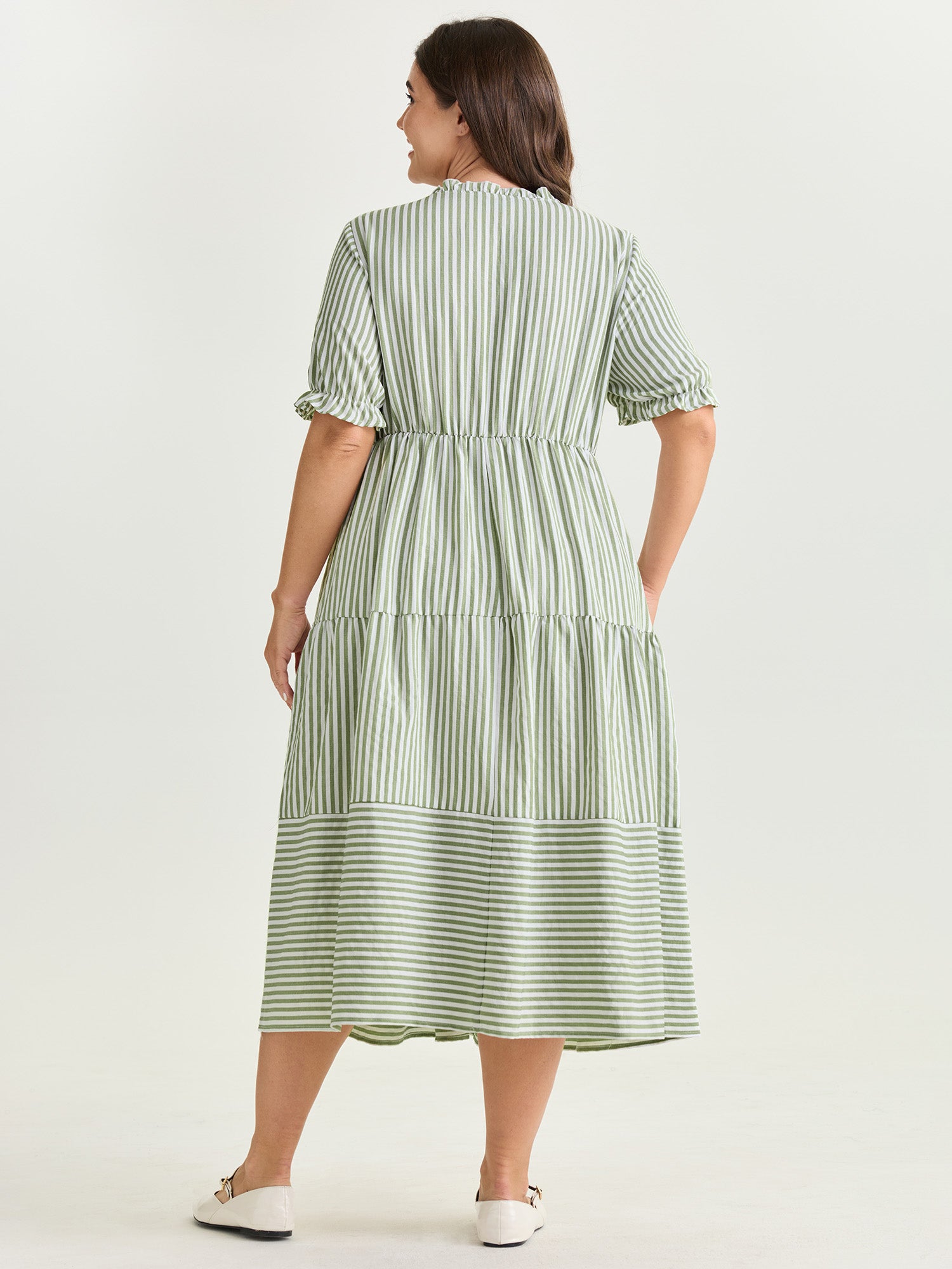 Striped Print Drawstring Tiered Maxi Dress