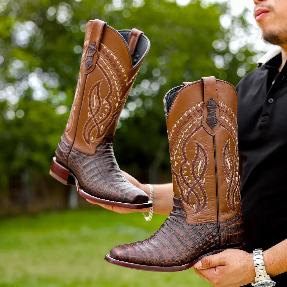 Brown Caiman Belly Leather Boots - Square Toe
