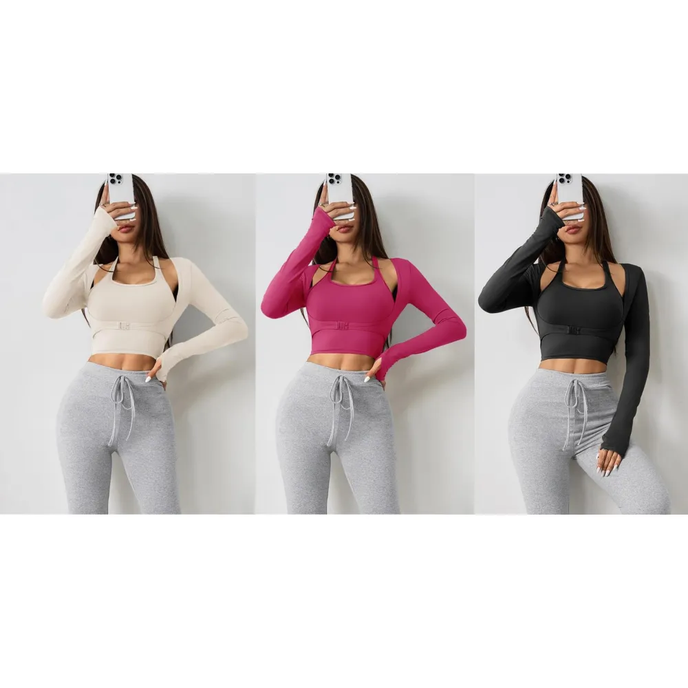 Women's Halter Crop Tank Top & Thumb Hole Sports Tee Set