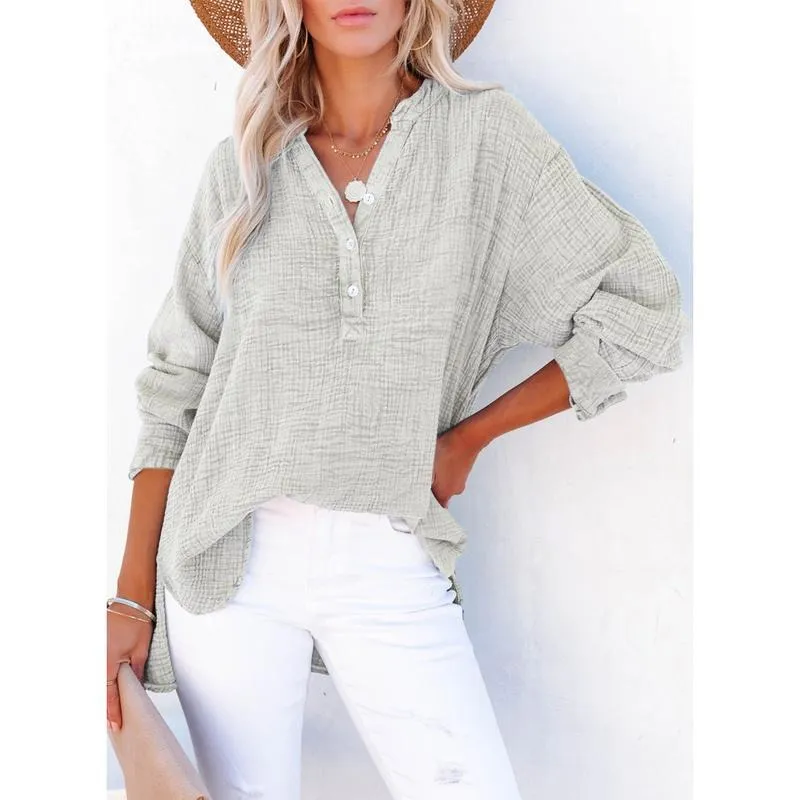 Women's Casual Button V Neck Long Sleeve Shirts Oversized Solid Blouses Tops
