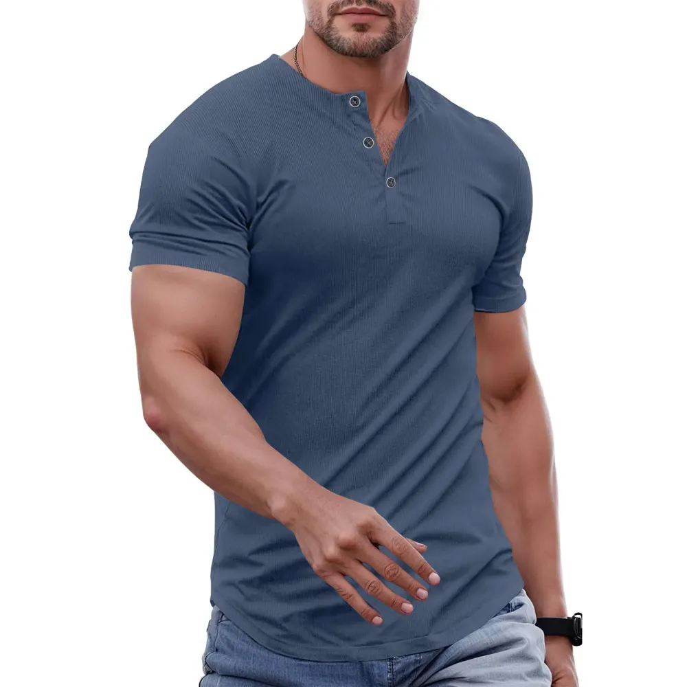 Men's solid color slim-fit Henley neck T-shirt