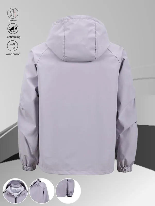 One black half-zip pullover with hoodie, outdoor camping style, large pockets, made of stain-resistant fabric