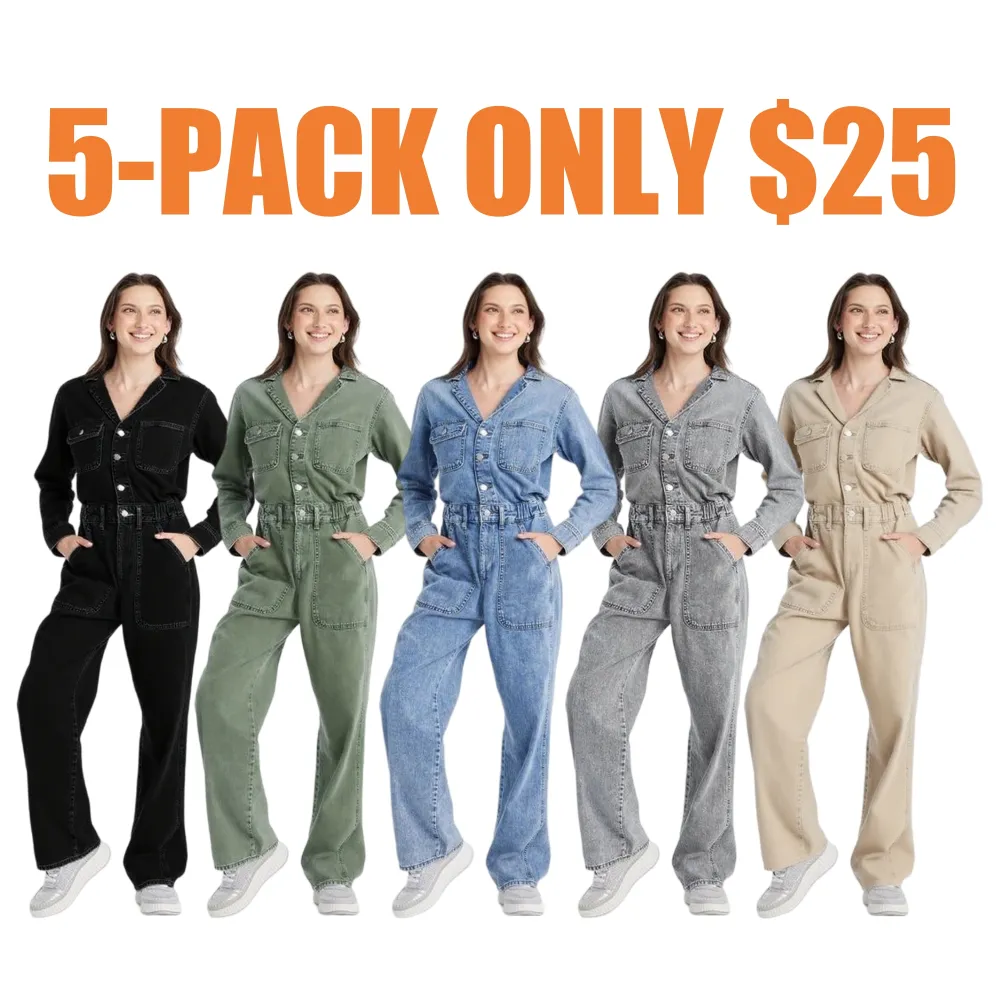 Women's Long-Sleeve Baggy Utility Denim Jumpsuit