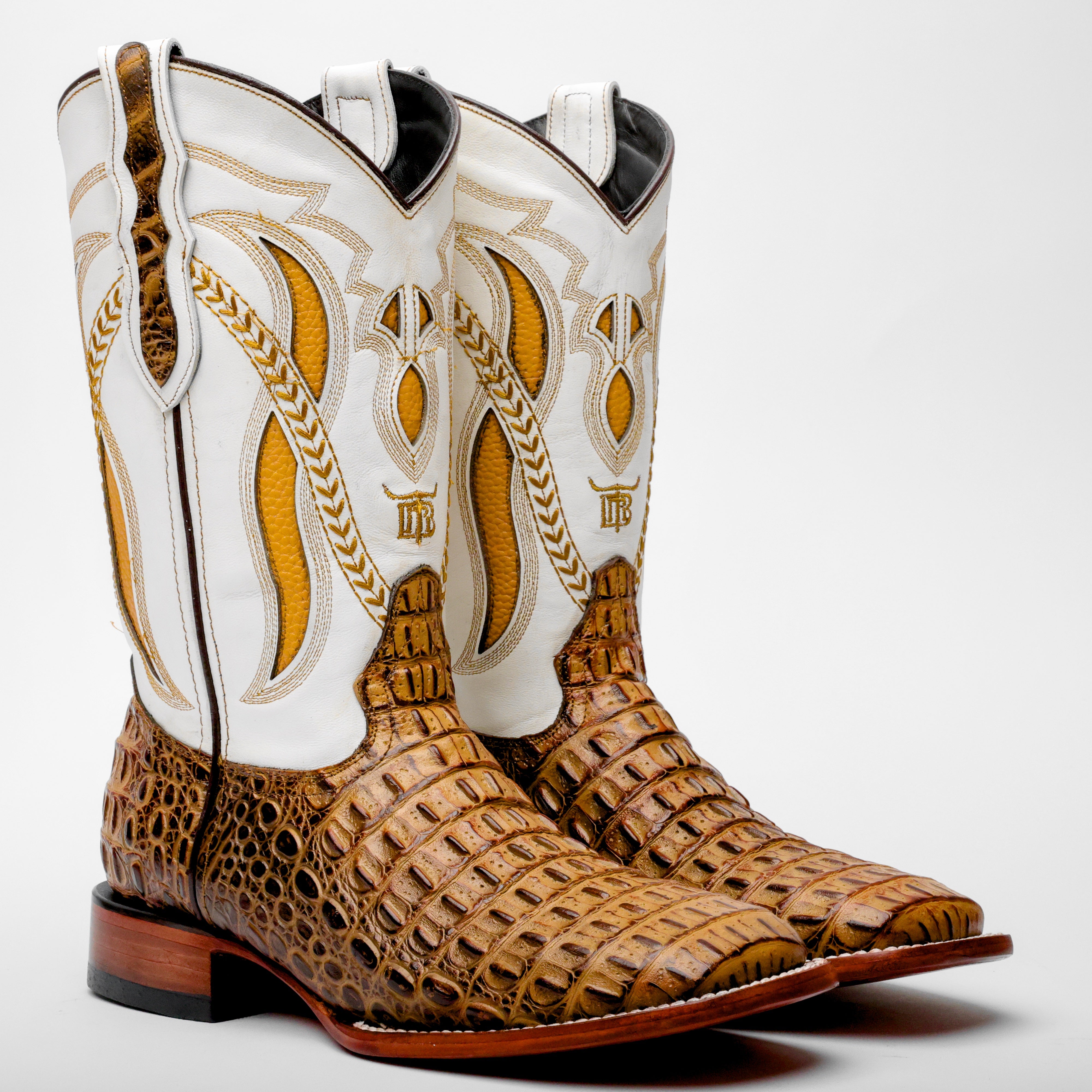 Honey Caiman Hornback Leather Boots - Square Toe