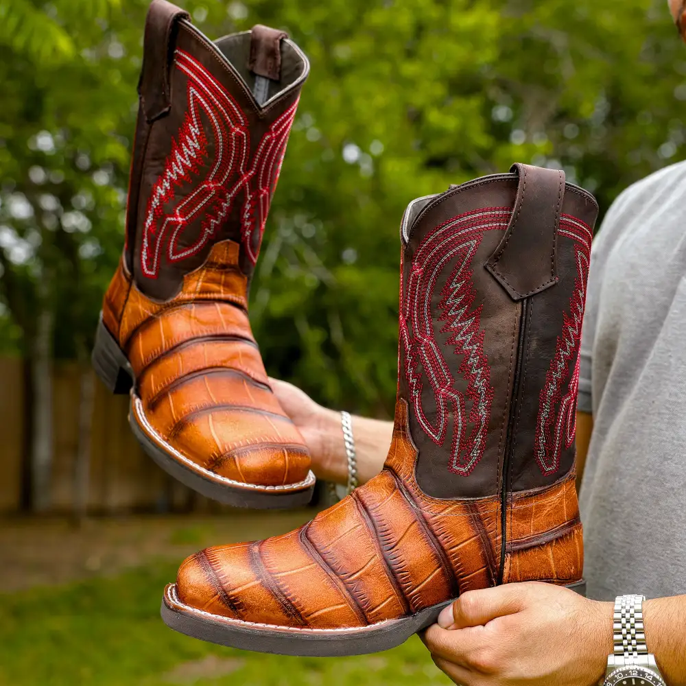 Cognac American Gator Belly Leather Boots With Lightweight Soles - Square Toe