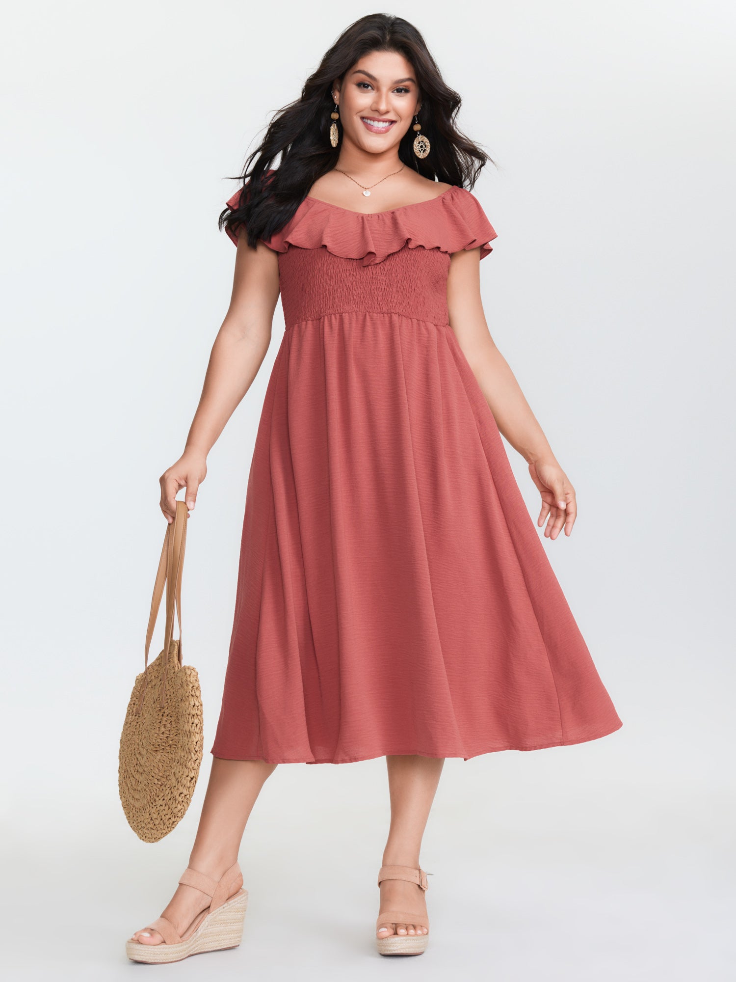 Ruffled Neckline Shirred Flowy Midi Dress