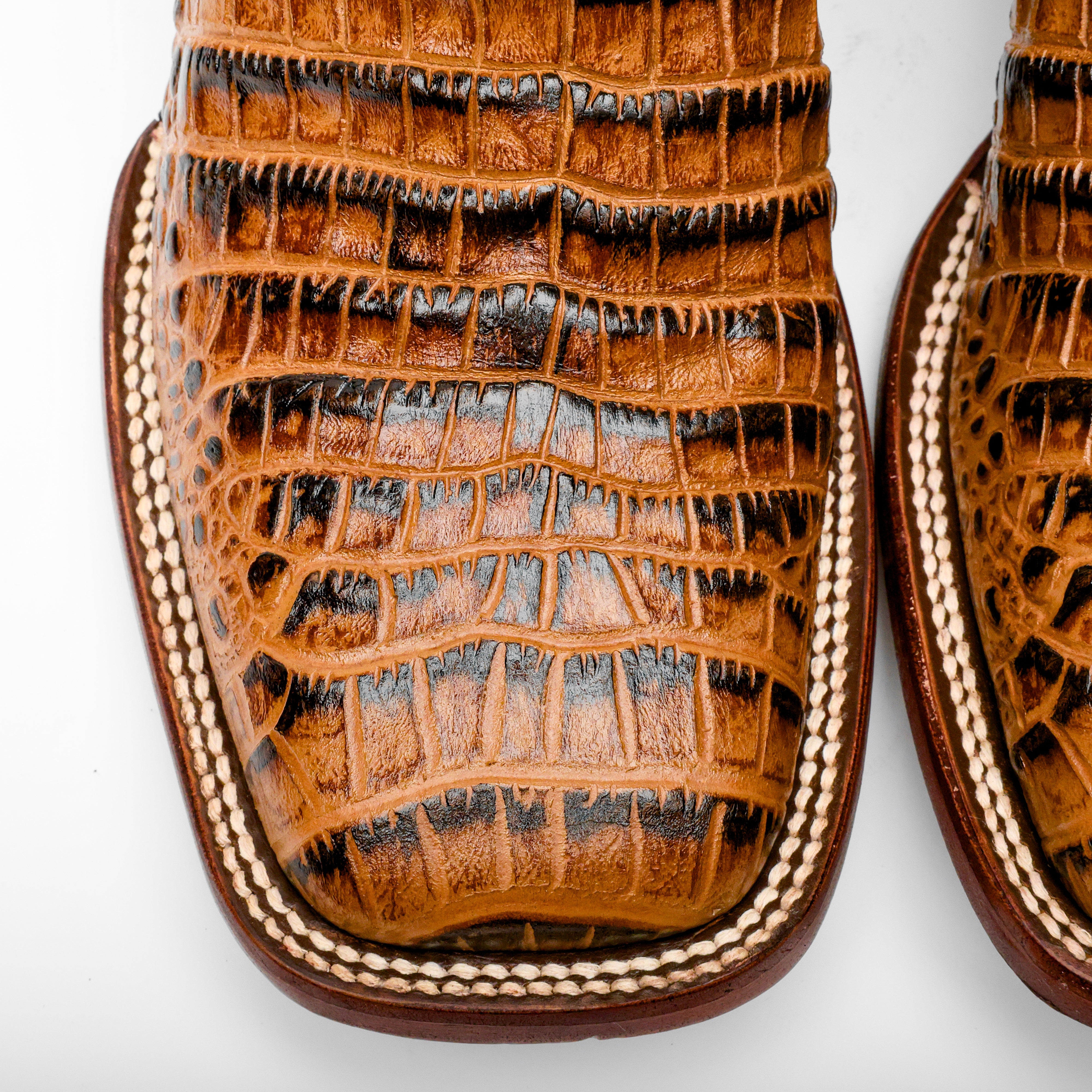 Honey Caiman Belly Leather Boots - Square Toe