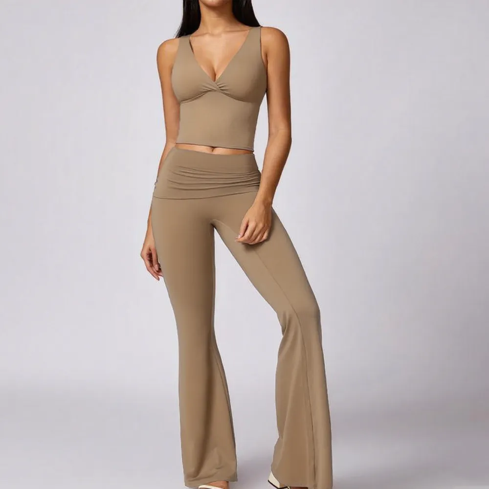 Women's 2-Piece Deep V Neck U-Back Tank & High-Waist Flared Leggings Set