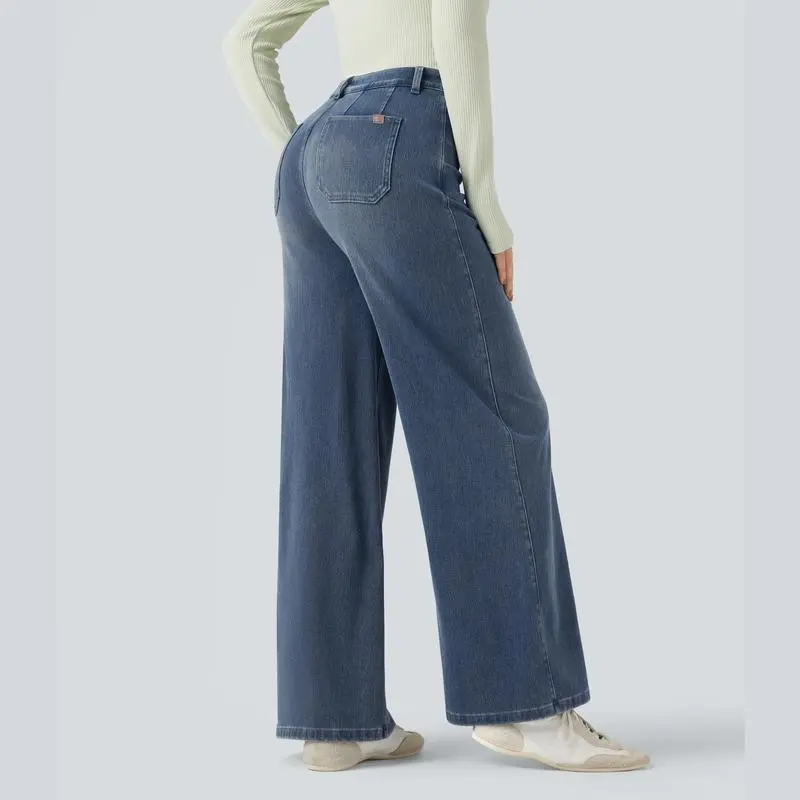 High Waisted Tummy Control Wide Leg Casual Jeans with Pockets