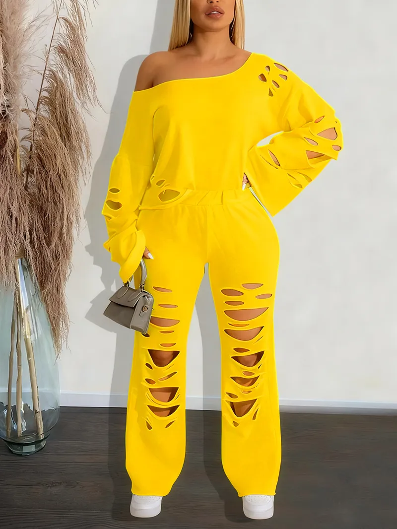 Women's Ripped Asymmetrical Neck Pullover & Wide Leg Pants Set